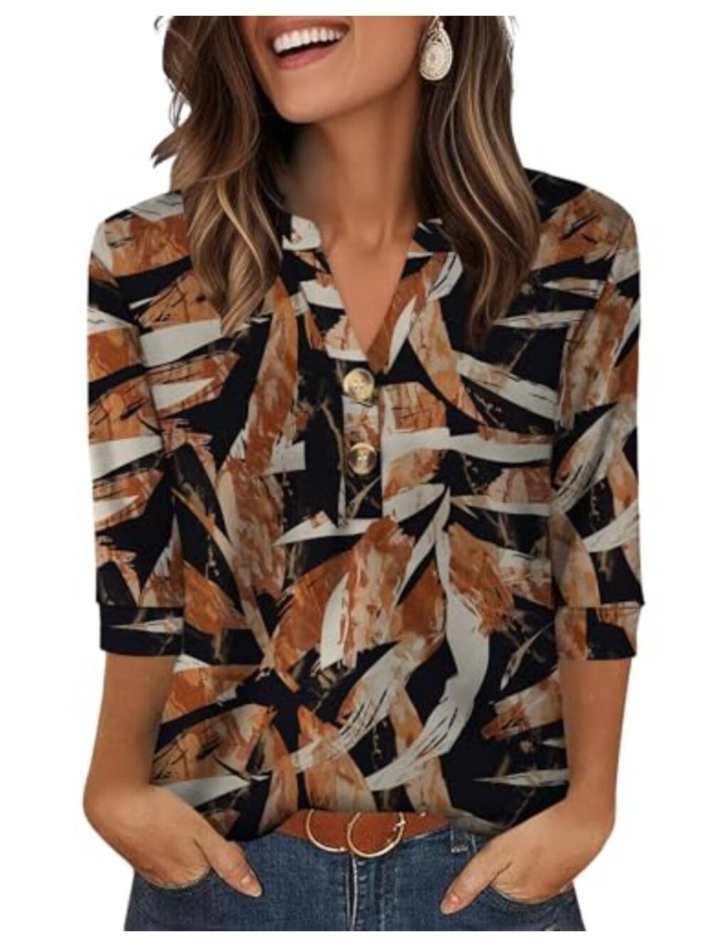 Womens Tops 3/4 Sleeve V Neck Blouse Floral Print Dressy Casual Work Top